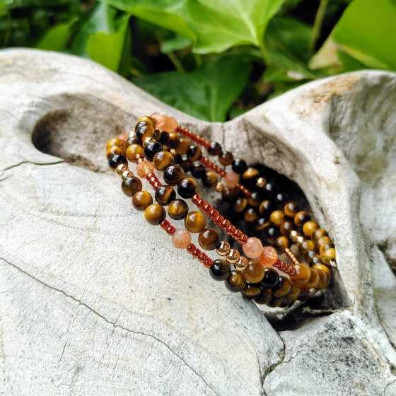 Bracelet pierre naturelle œil de tigre & pierre de soleil – Argent 925 rosé – Force & rayonnement