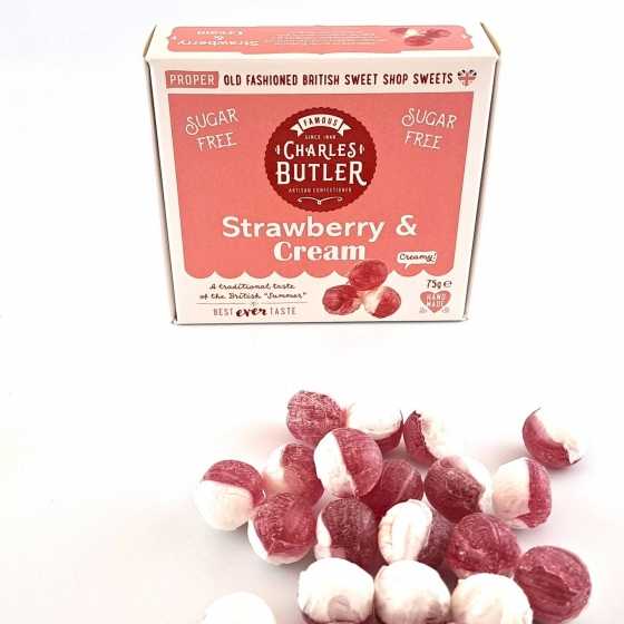 Charles Butler – Zuckerfreie Erdbeer & Sahne Bonbons 75g