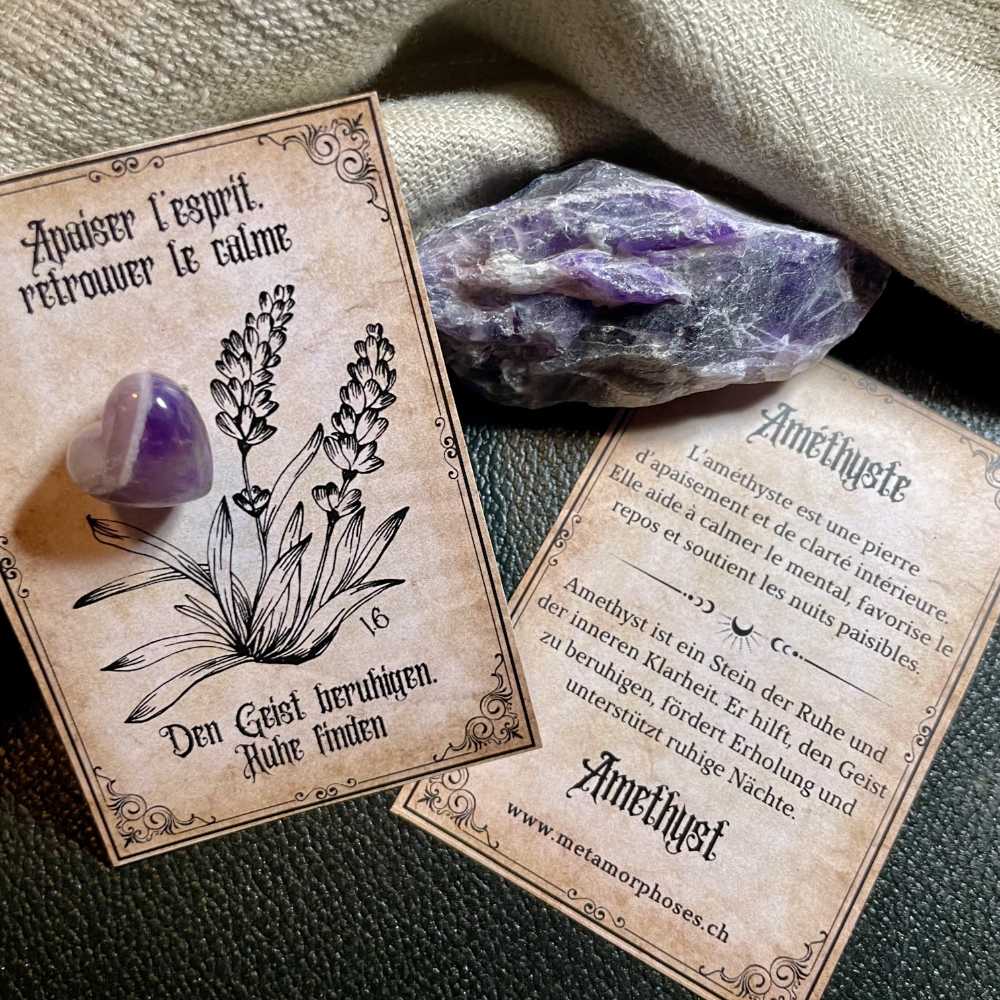 Intuition, Ruhe & erholsamer Schlaf – Geschenkkarte mit Amethyst-Herz – Kleines Talisman