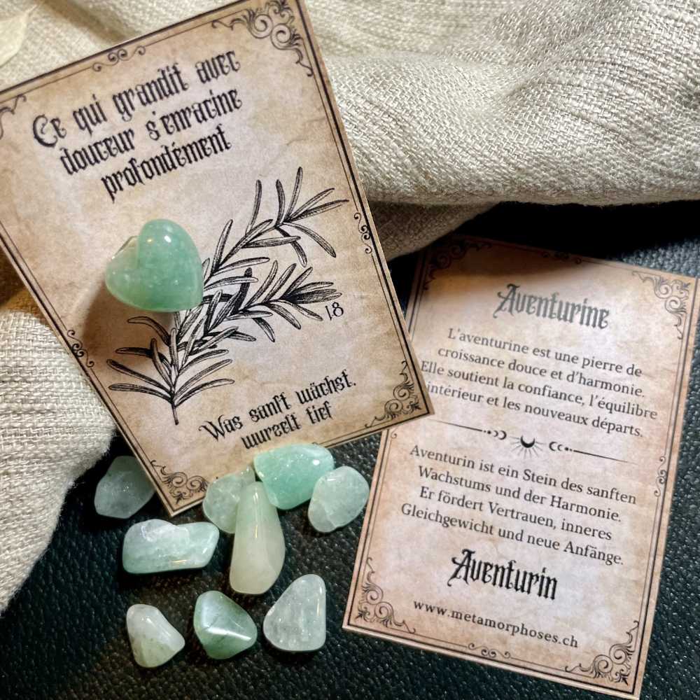 Confiance, ouverture & équilibre – Carte cadeau avec cœur en Aventurine – Petit talisman