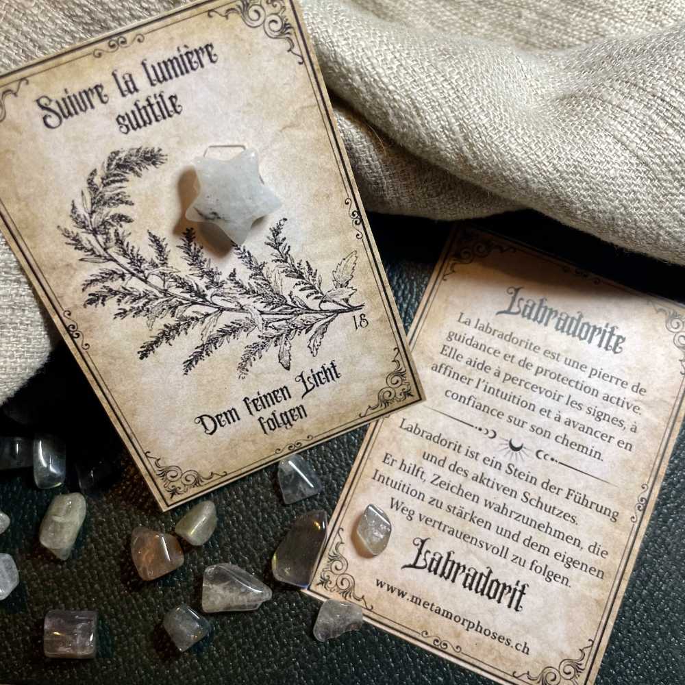 Protection, clarté & guidance – Carte cadeau avec étoile en Labradorite – Petit talisman