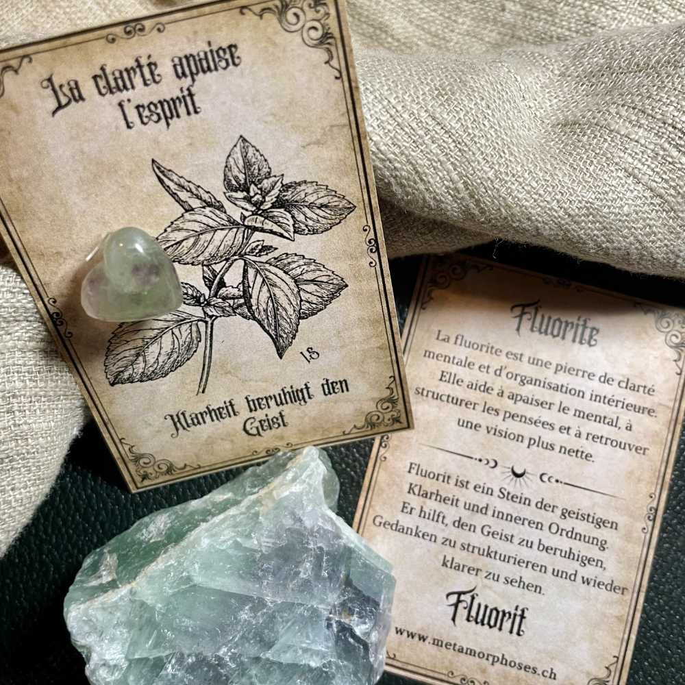 Clarté mentale, apaisement & concentration – Carte cadeau avec cœur en Fluorite – Petit talisman