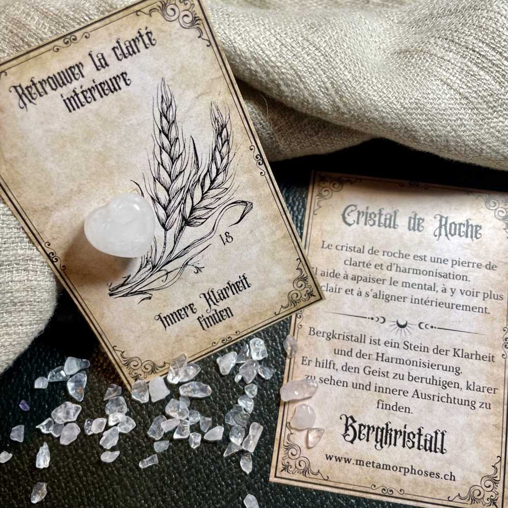 Clarté, équilibre & harmonie – Carte cadeau avec cœur en Cristal de roche – Petit talisman