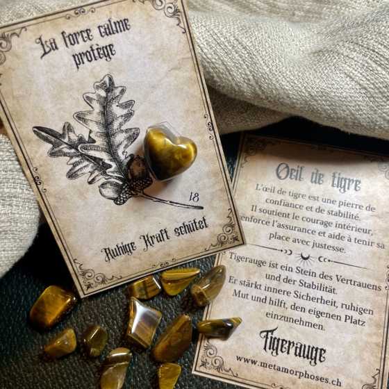 Protection, confiance & courage – Carte cadeau avec cœur en Œil de tigre – Petit talisman
