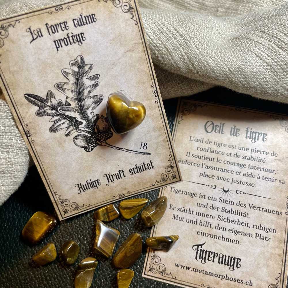 Protection, confiance & courage – Carte cadeau avec cœur en Œil de tigre – Petit talisman