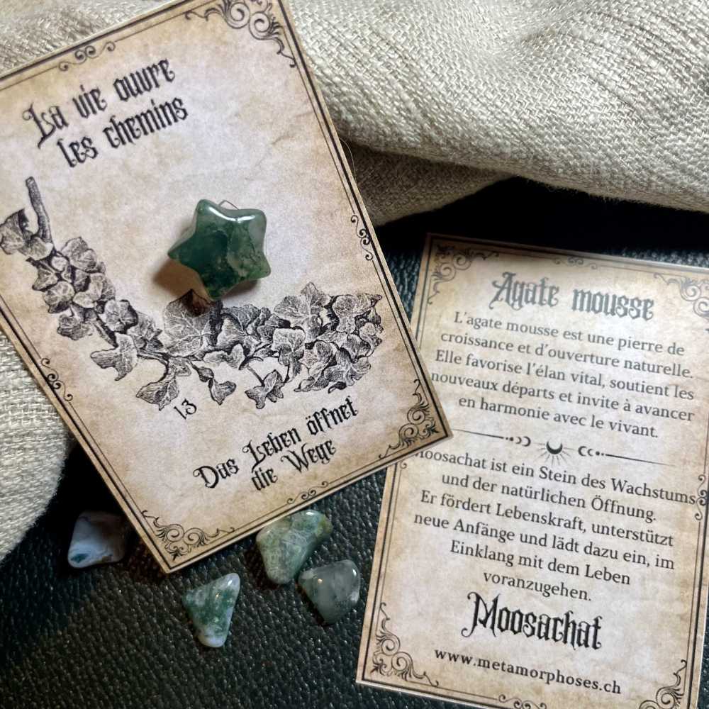 Wachstum, Ruhe & Naturverbundenheit – Geschenkkarte mit Moosachat-Stern – Kleines Talisman