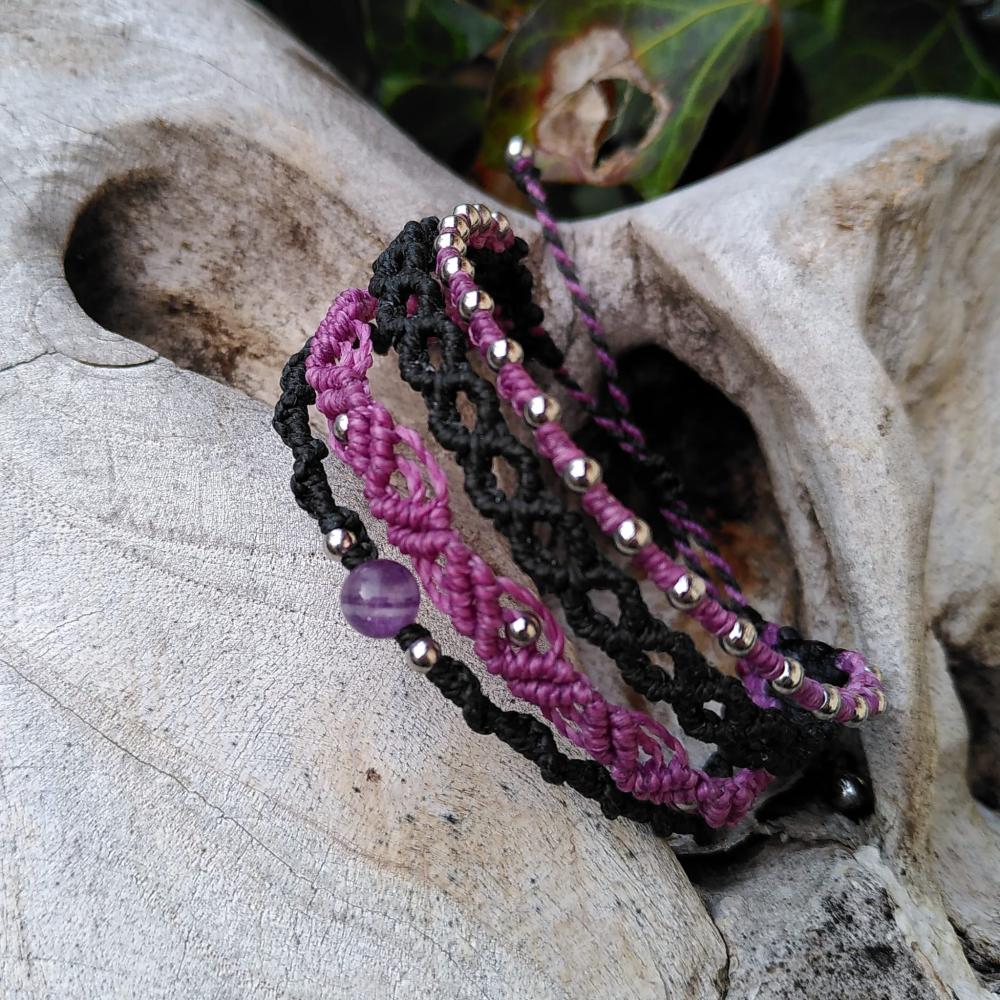 Clarté - Apaisement - Intuition | Bracelet artisanal micro-macramé améthyste 4 en 1