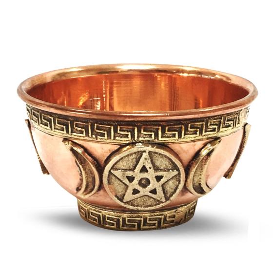 Bol Triple Lune & Pentacle avec sable – support de fumigation en cuivre