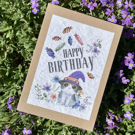 Pflanzbare Karte Happy Birthday cat – Saatpapier Karte mit Wildblumen