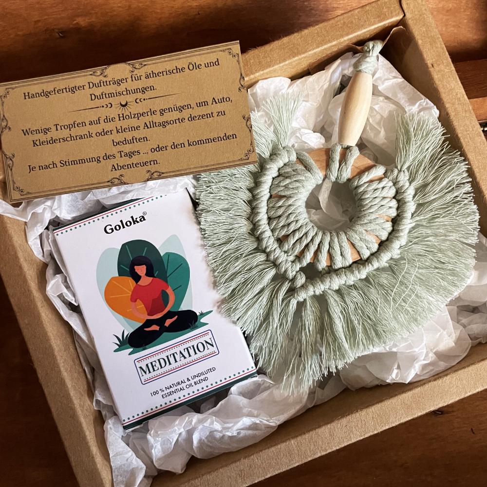 Coffret cadeau diffuseur artisanal & synergie “Meditation” – Macramé & huiles essentielles Goloka