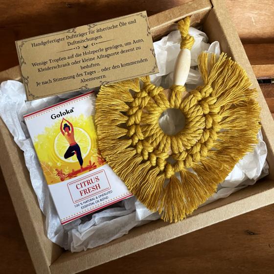 Coffret cadeau diffuseur artisanal & synergie “Citrus Fresh” – Macramé & huiles essentielles Goloka