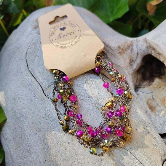 Collier / Bracelet artisanal en bronze & reflets fuchsia dorés – Pièce unique