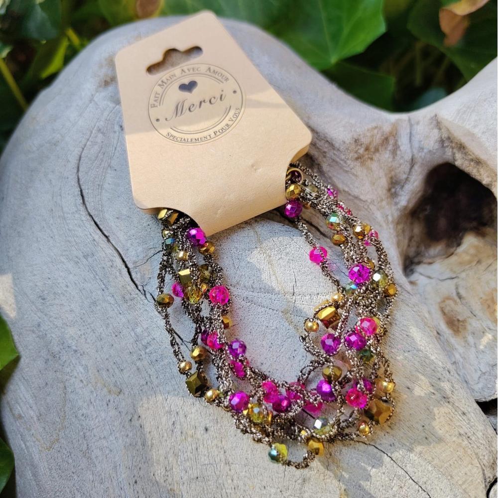 Handgefertigte Halskette / Armband in Bronzeoptik mit fuchsia- und goldfarbenen Reflexen – Unikat