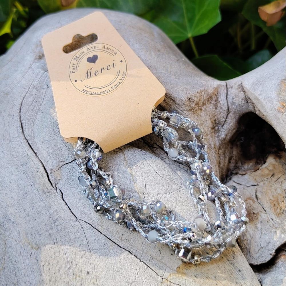Collier / Bracelet artisanal argenté – Nuances cristal & blanc nacré – Pièce unique