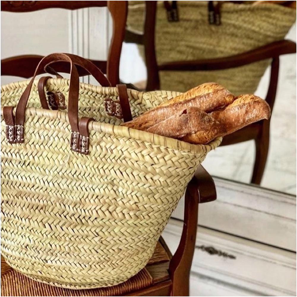 Grand panier de marché en feuilles de palmier – Doubles anses en cuir
