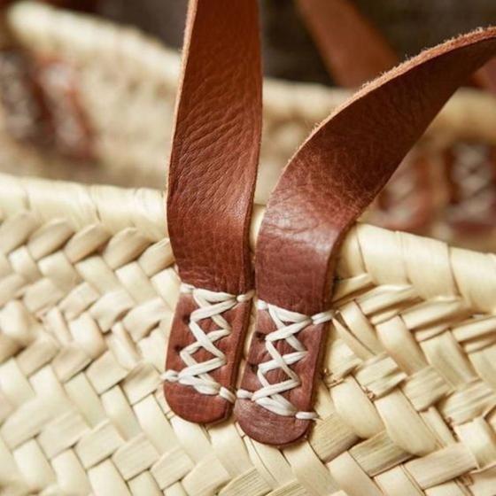 Grand panier de marché en feuilles de palmier – Doubles anses en cuir