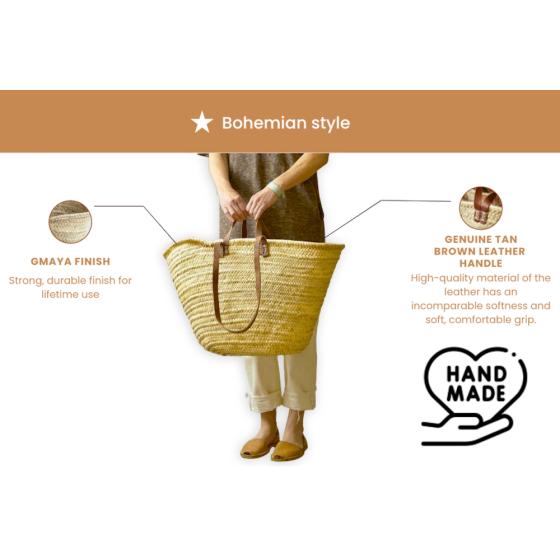 Grand panier de marché en feuilles de palmier – Doubles anses en cuir