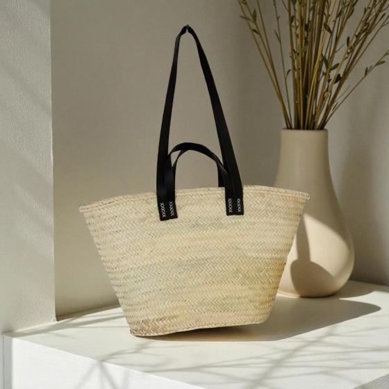 Grand panier en feuilles de palmier – Doubles anses en cuir noir
