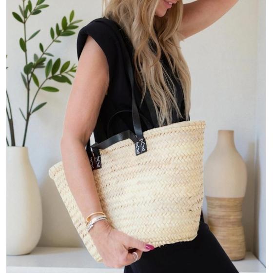 Grand panier en feuilles de palmier – Doubles anses en cuir noir