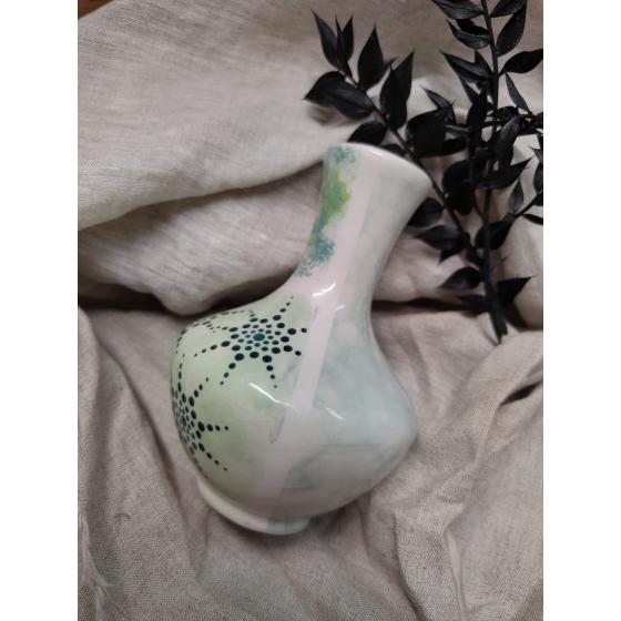 Vase en céramique peint à la main – Mandala turquoise & vert – Pièce unique