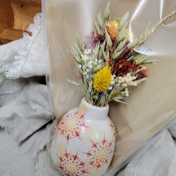 Handbemalte Keramikvase mit Trockenblumenstrauss – Terrakotta & Sonne – Unikat