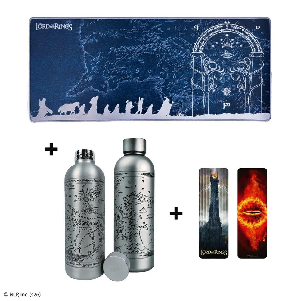 Geschenkset mit Isolierflasche, XL-Schreibtischmatte & Lesezeichen – Der Herr der Ringe