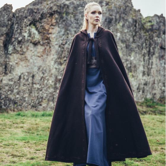 Cape Médiévale Alma – Laine Marron avec Capuche et Broderies