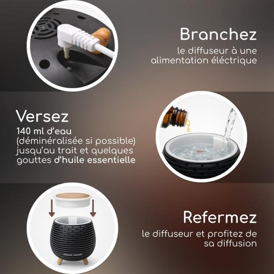 Diffuseur d’Huiles Essentielles Leni – Ultrasonique USB avec Lumière LED – Noir