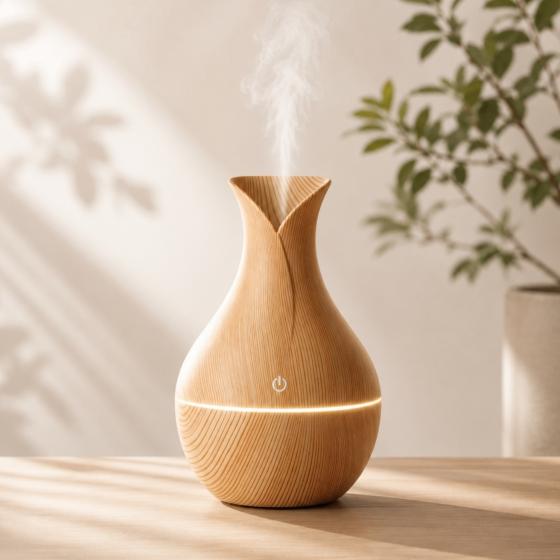 Diffuseur d’Huiles Essentielles Elyra – Ultrasonique USB, Humidificateur & LED 7 Couleurs – Effet Bois