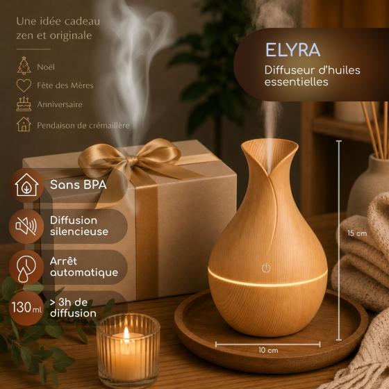 Ätherische-Öle-Diffuser Elyra – Ultraschall-Luftbefeuchter mit USB, 7 LED-Farben & Holzoptik