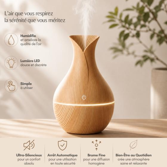 Ätherische-Öle-Diffuser Elyra – Ultraschall-Luftbefeuchter mit USB, 7 LED-Farben & Holzoptik