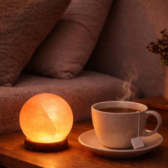 Lampe de Sel de l’Himalaya Sphère – Cristal Naturel Sculpté à la Main, LED & USB