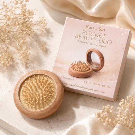 Pocket Duo Beauty – Brosse Coiffante & Miroir de Poche 2-en-1 en Bois FSC