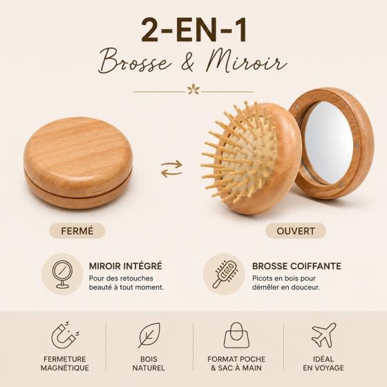 Pocket Duo Beauty – Brosse Coiffante & Miroir de Poche 2-en-1 en Bois FSC