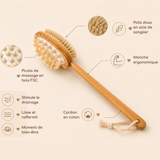Brosse de Bain & Massage Corps Dualsense – Double Face, Bois FSC & Soies Naturelles