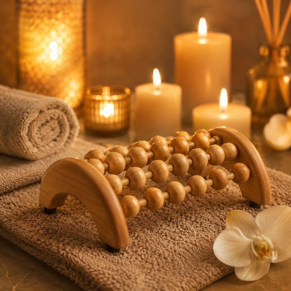 Rouleau de Massage des Pieds en Bois – Masseur Plantaire à 5 Barres et 30 Boules