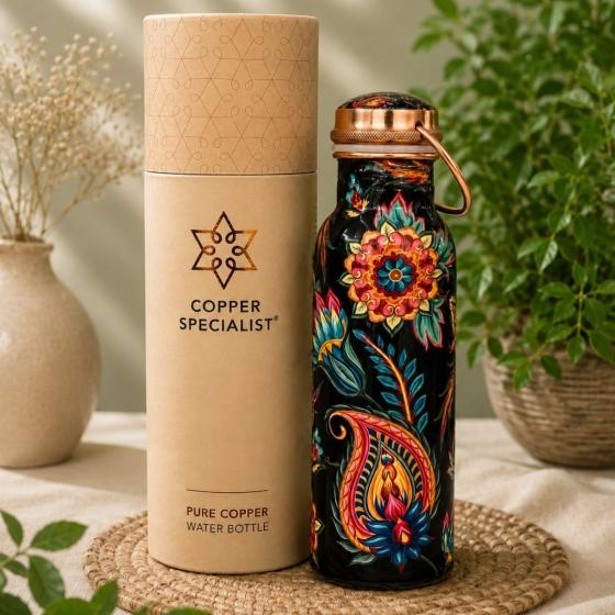 Wasserflasche aus reinem Kupfer – Blumen- & Paisley-Muster – 750 ml