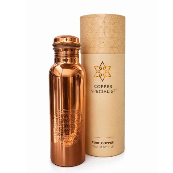 Bouteille d'Eau en Cuivre Pur Poli – Fleur de Vie – 850 ml