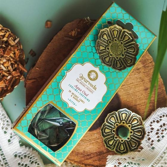 Cônes d'encens Aqua Oud (Pitta) avec brûleur lotus en métal – Song of India
