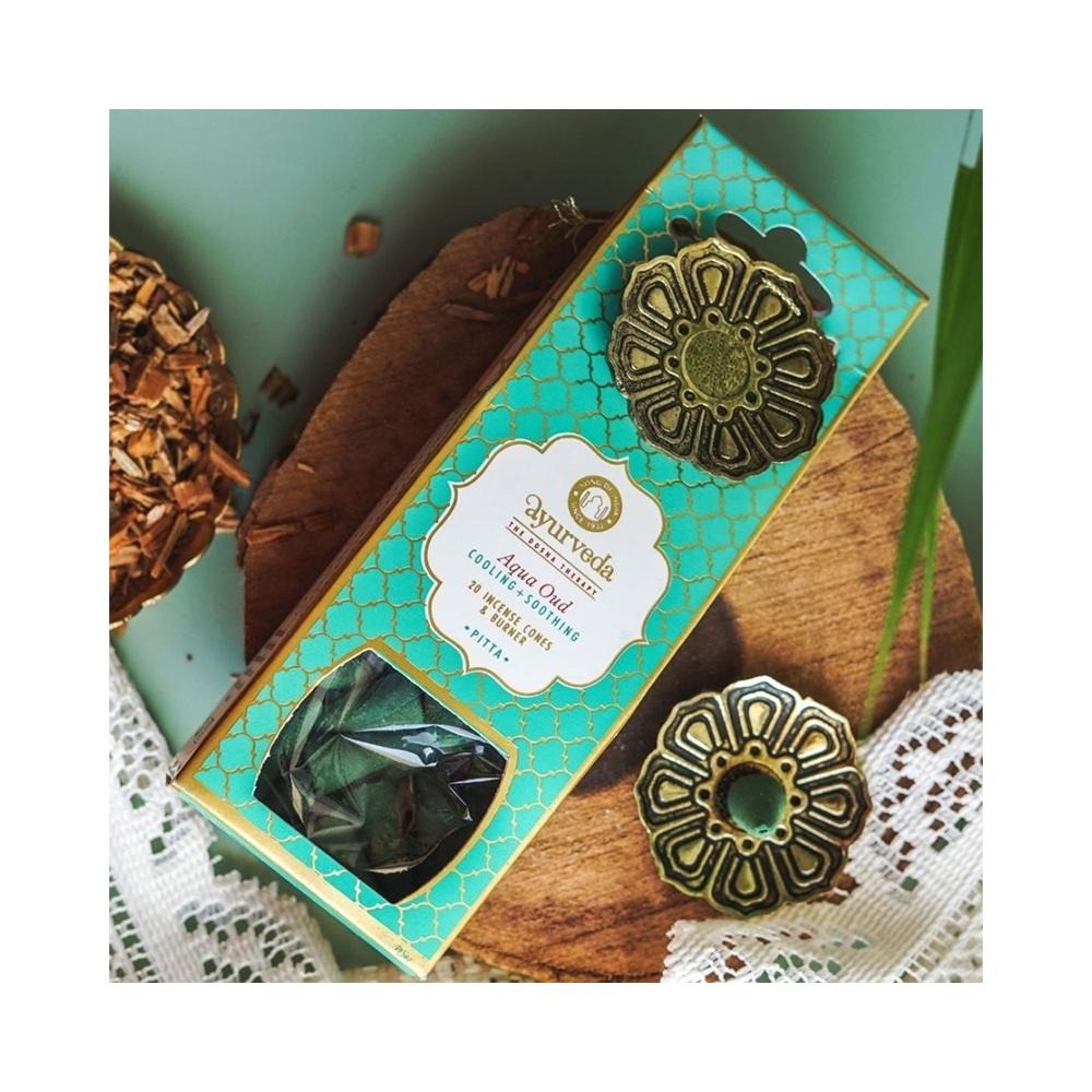 Cônes d'encens Aqua Oud (Pitta) avec brûleur lotus en métal – Song of India