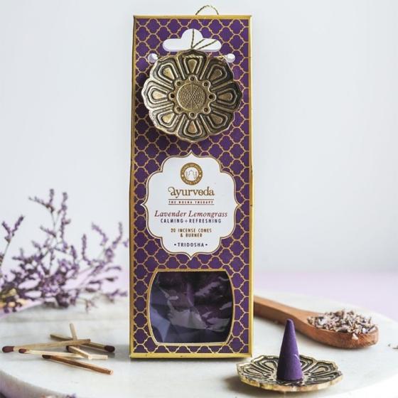 Räucherkegel Lavendel Zitronengras (Tridosha) mit Lotus-Metallhalter – Song of India