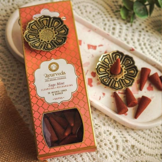 Cônes d'encens Sauge Menthe (Kapha) avec brûleur lotus en métal – Song of India