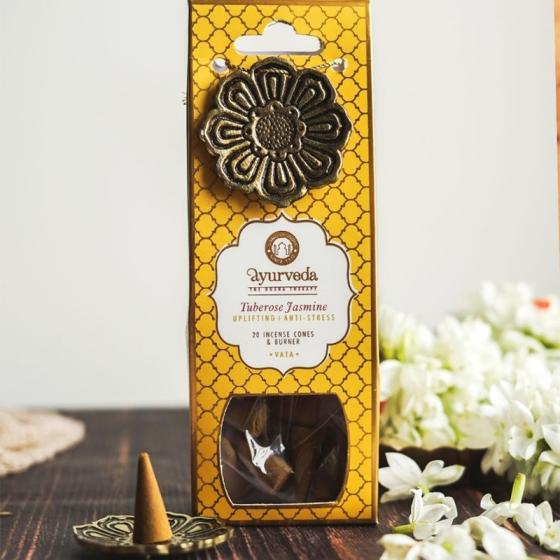 Räucherkegel Tuberose Jasmin (Vata) mit Lotus-Metallhalter – Song of India