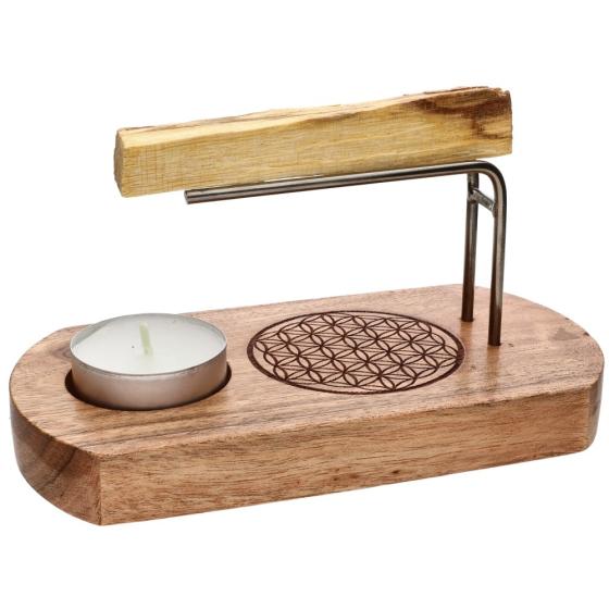 Räucherhalter Blume des Lebens aus Akazienholz – Palo Santo & Salbei