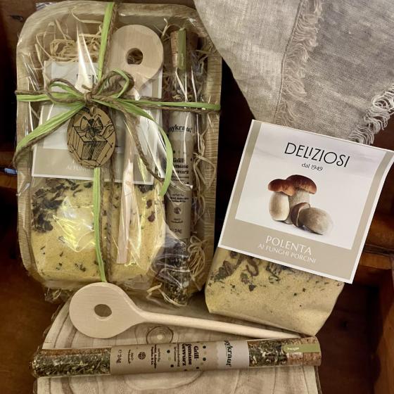 Coffret cadeau gourmand – Polenta aux cèpes, épices pour légumes grillés & cuillère en bois
