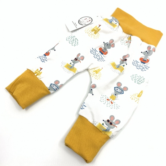 Sarouel bébé, Souris jaune en coton jersey Bio, 0-3 mois, couture création artisanale,  cadeaux naissance, suisse